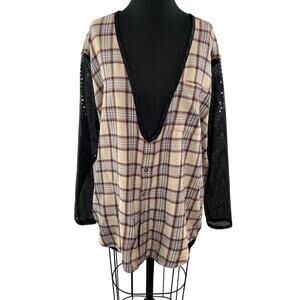 FURST OF A KIND Plaid Long Sequin Sleeve Plunging V-Neckline Pullover Cotton Top